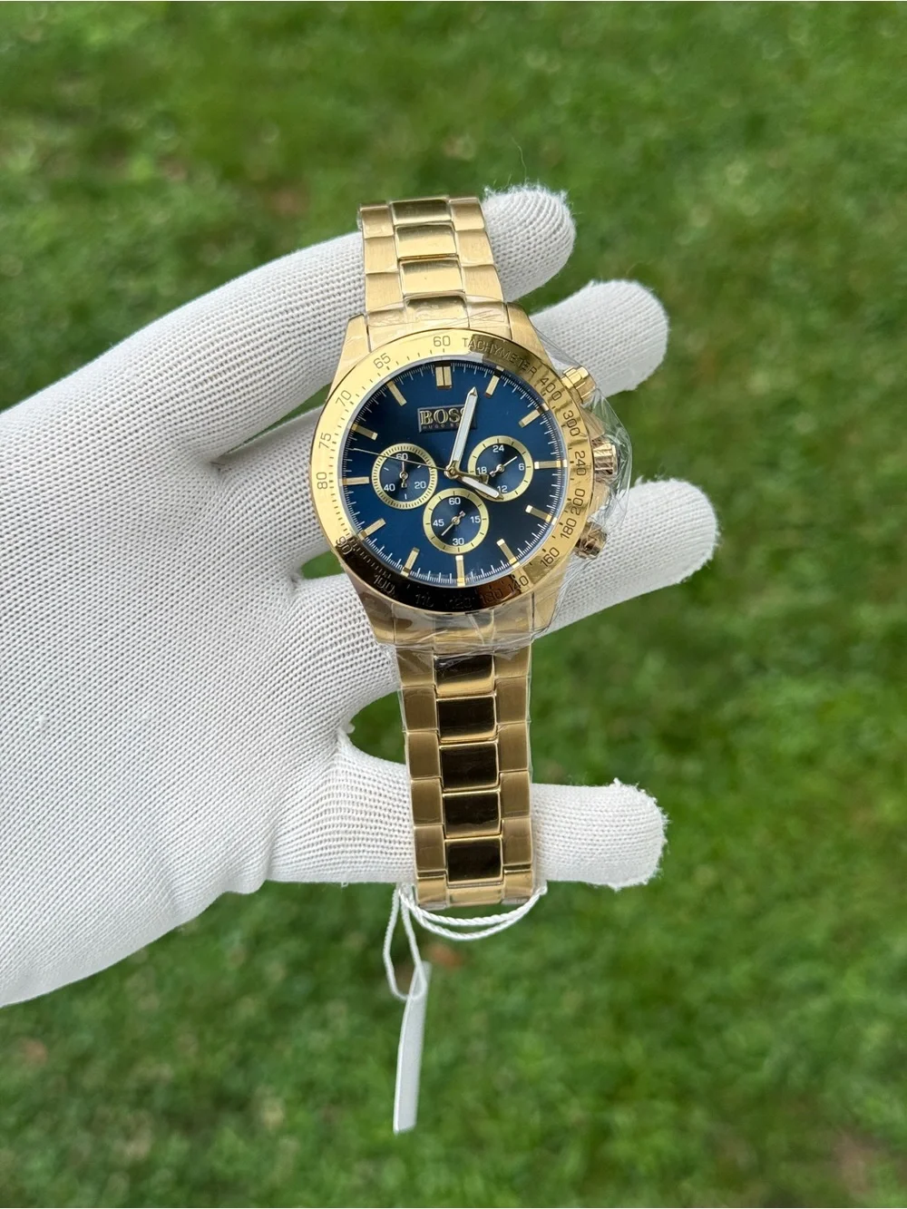 Hugo boss Gold-Tone Chronograph Watch with Blue Dial and Gold Bracelet Mens